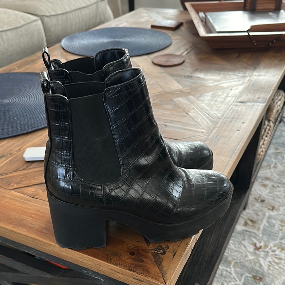 Black Croc-Embossed Ankle Boots